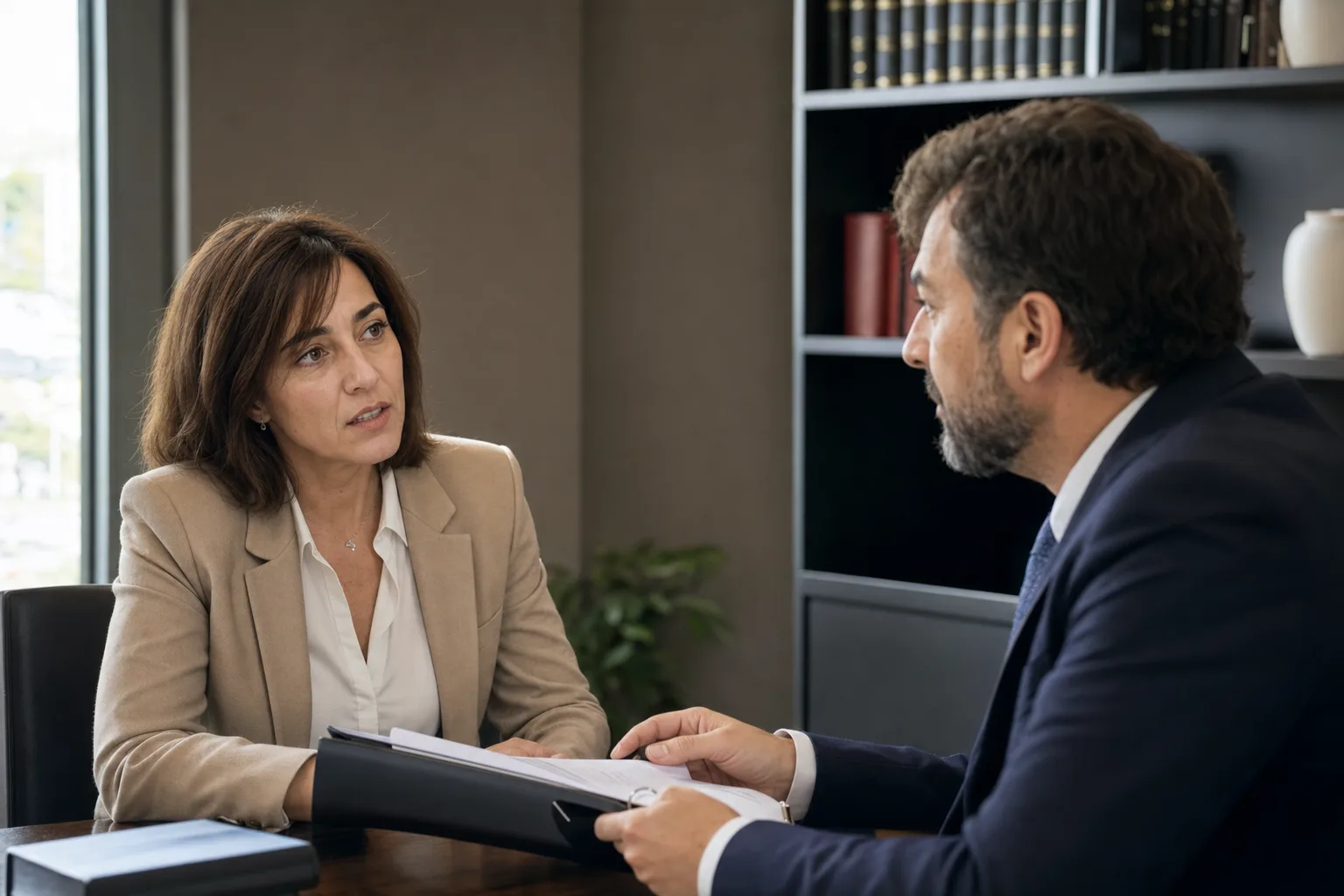 Abogado y cliente revisan documentación clínica en consulta