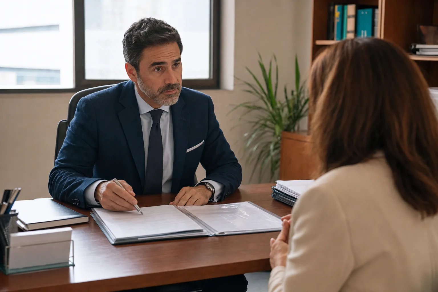 Abogado y cliente revisan documentación clínica en consulta