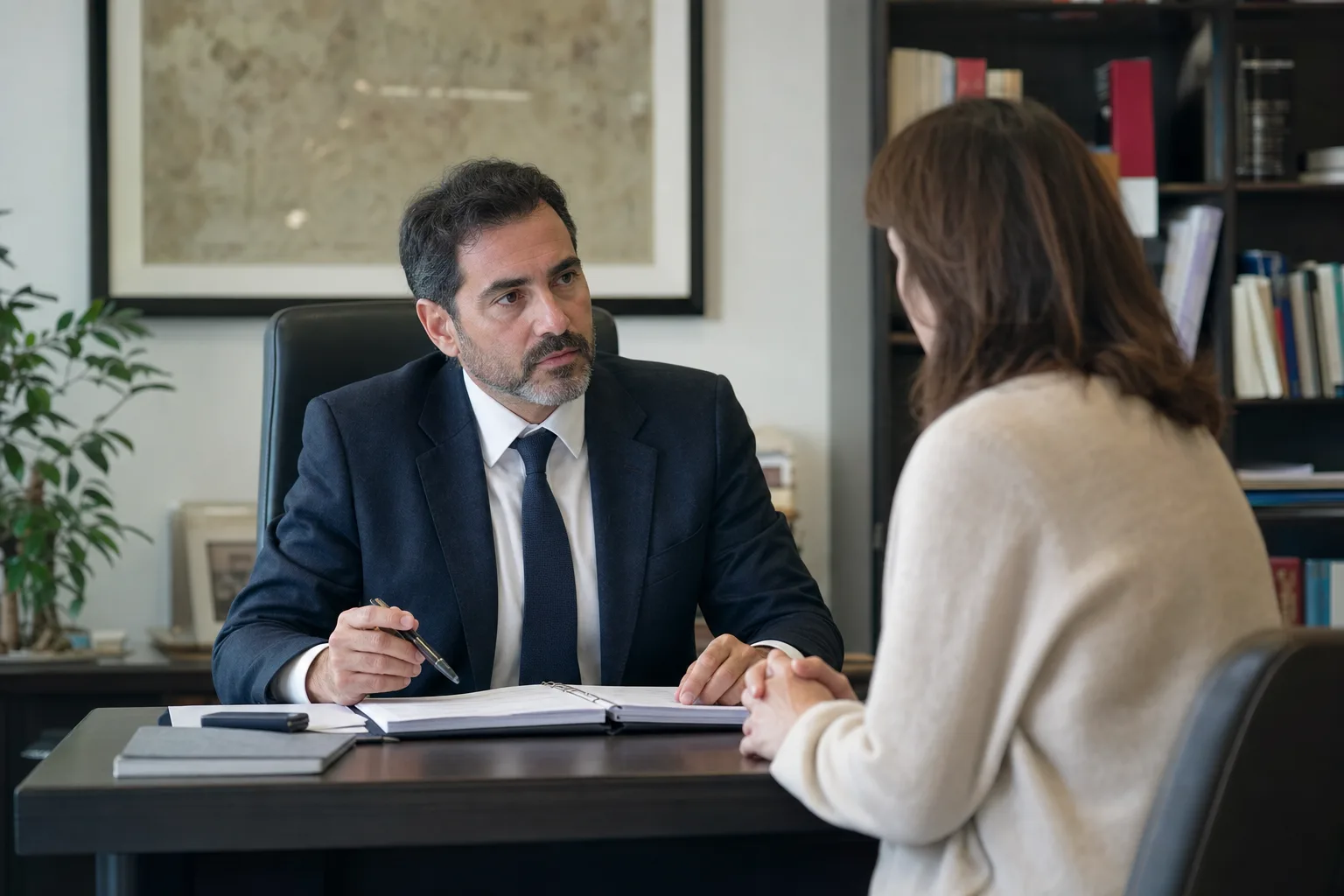 Abogado y cliente revisan documentación clínica en consulta