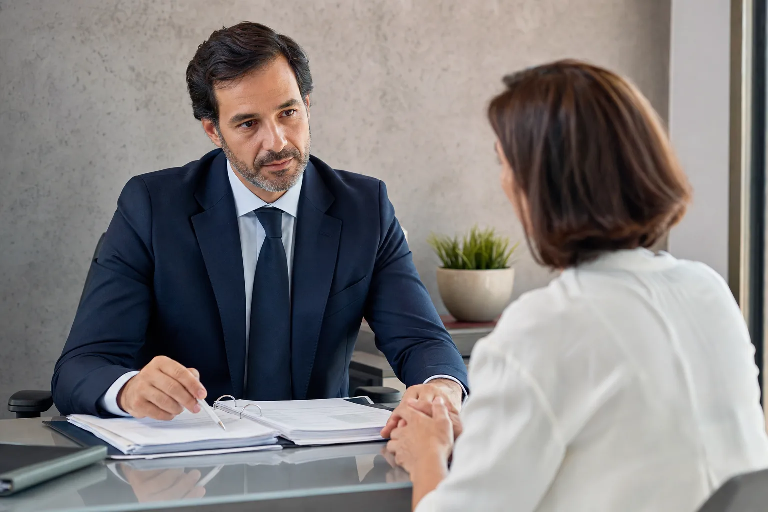 Abogado y cliente revisan documentación clínica en consulta