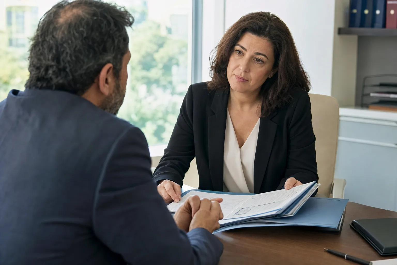 Abogado y cliente revisan documentación clínica en consulta