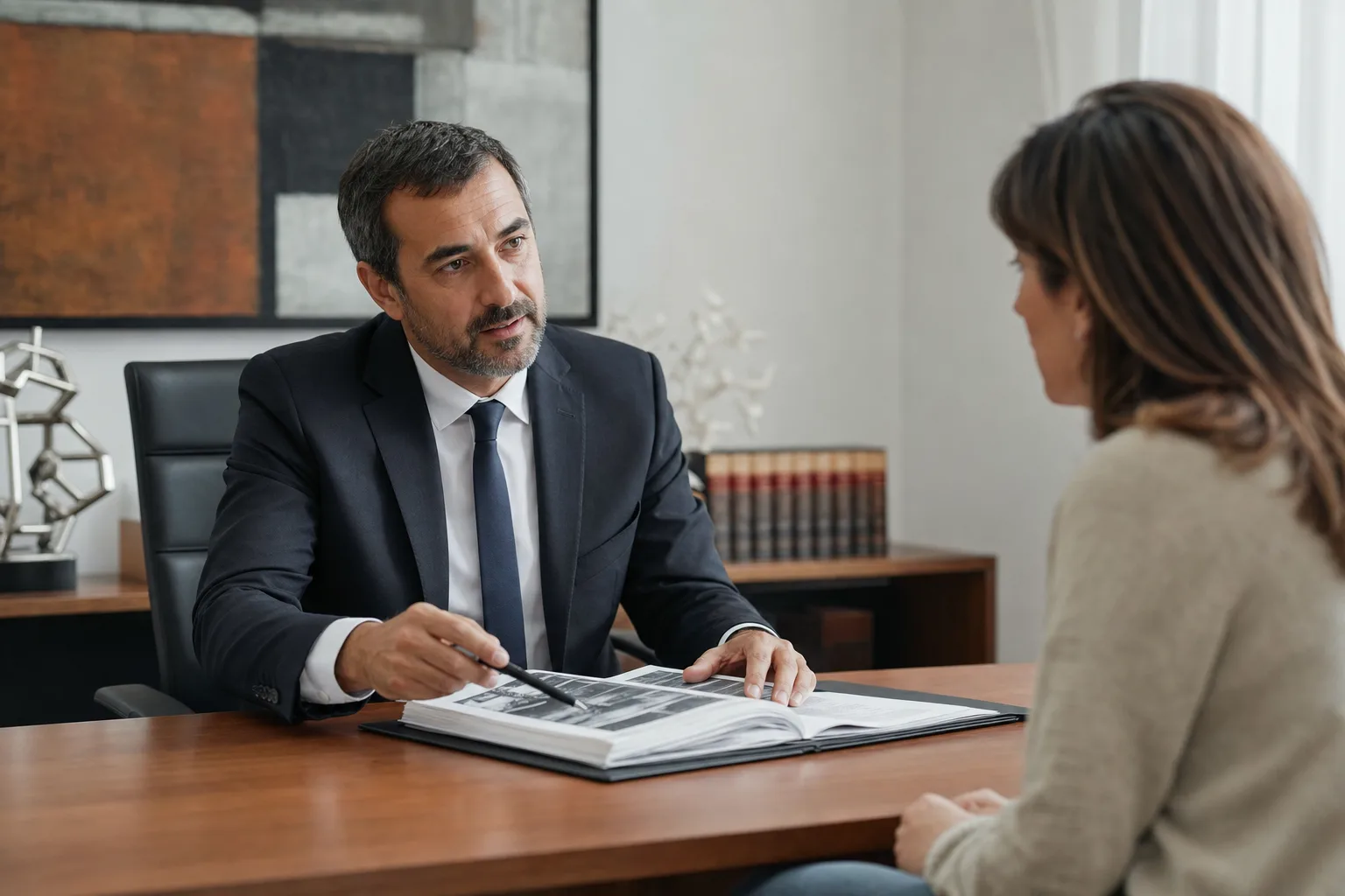 Abogado y cliente revisan documentación clínica en consulta