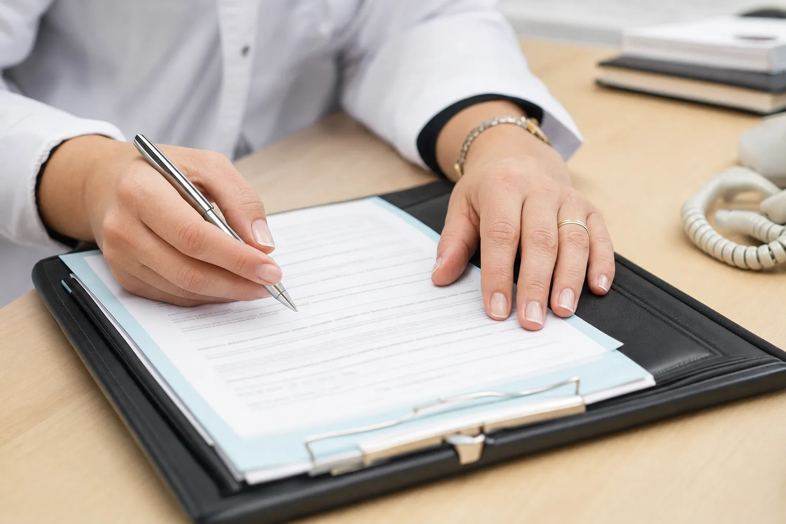 Documentación clínica sobre una mesa de consulta