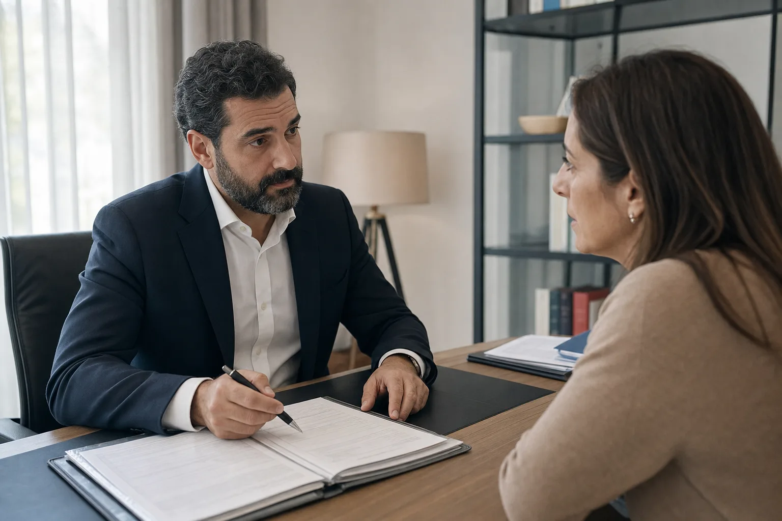 Abogado y cliente revisan documentación clínica en consulta